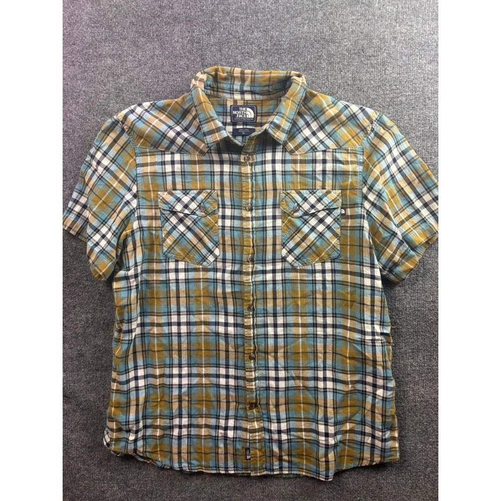 The North Face Button Up Shirt Mens XL Blue Yellow Plaid Short Sleeve Hiking